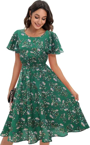 Gardenwed Chiffon Floral Dresses Summer Sun Beach Dresses for Women with Elastic Waist