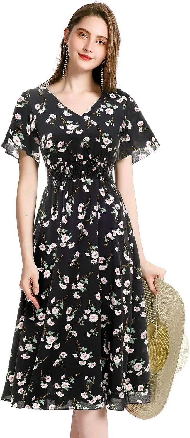 Gardenwed Chiffon Floral Dresses Summer Sun Beach Dresses for Women with Elastic Waist