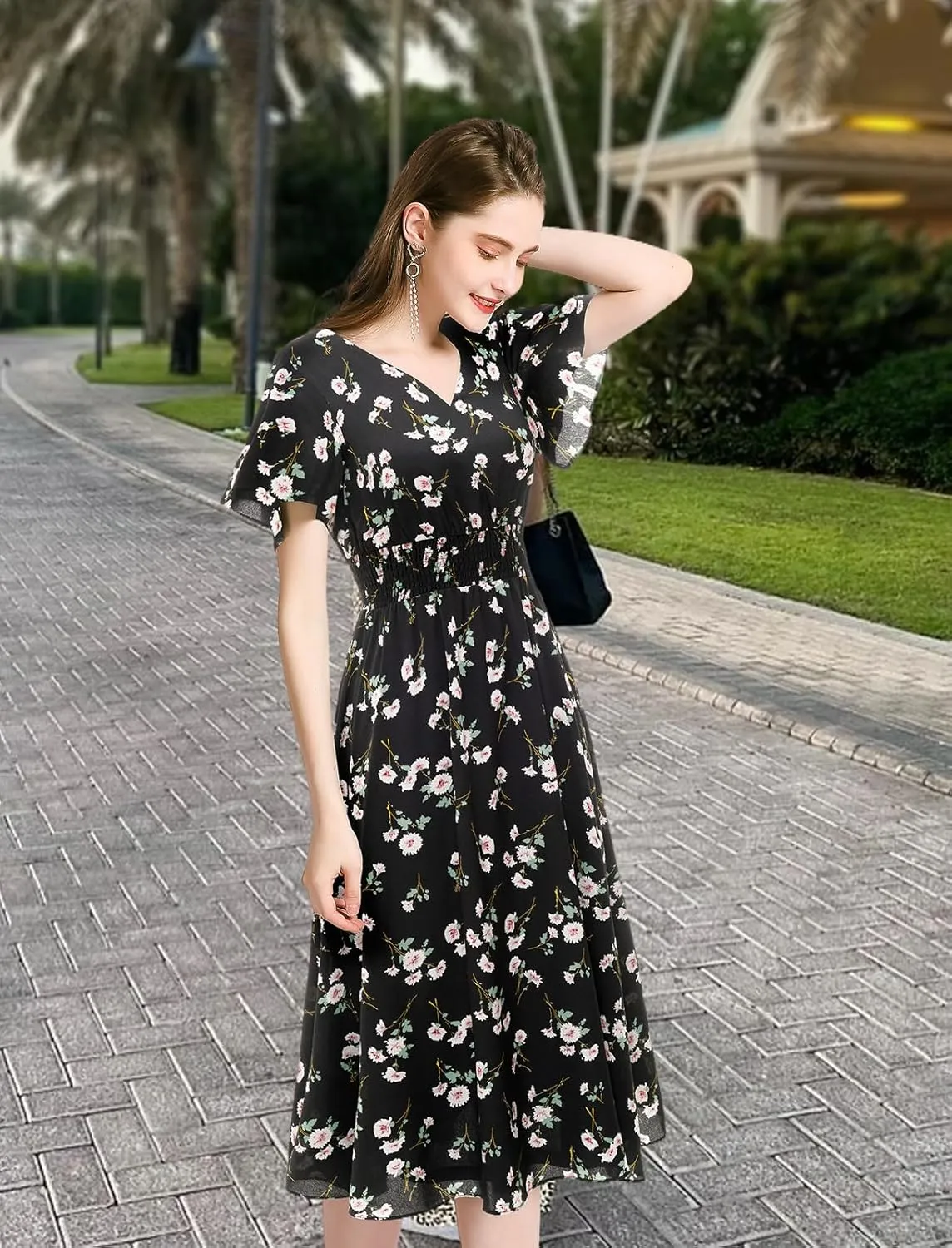 Gardenwed Chiffon Floral Dresses Summer Sun Beach Dresses for Women with Elastic Waist