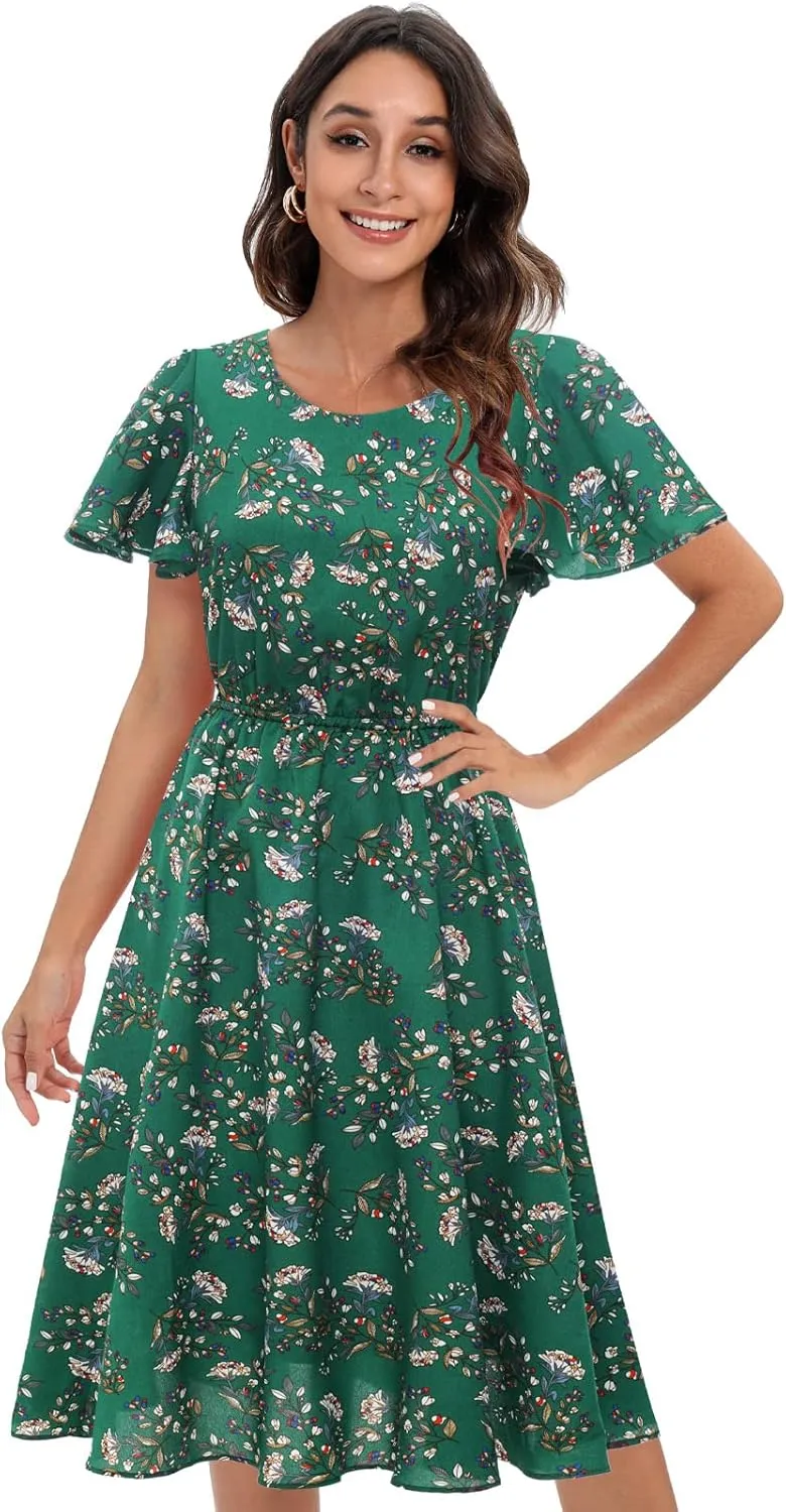 Gardenwed Chiffon Floral Dresses Summer Sun Beach Dresses for Women with Elastic Waist