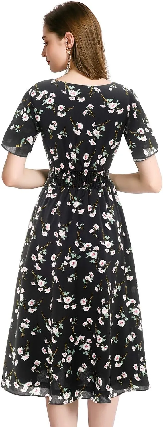 Gardenwed Chiffon Floral Dresses Summer Sun Beach Dresses for Women with Elastic Waist
