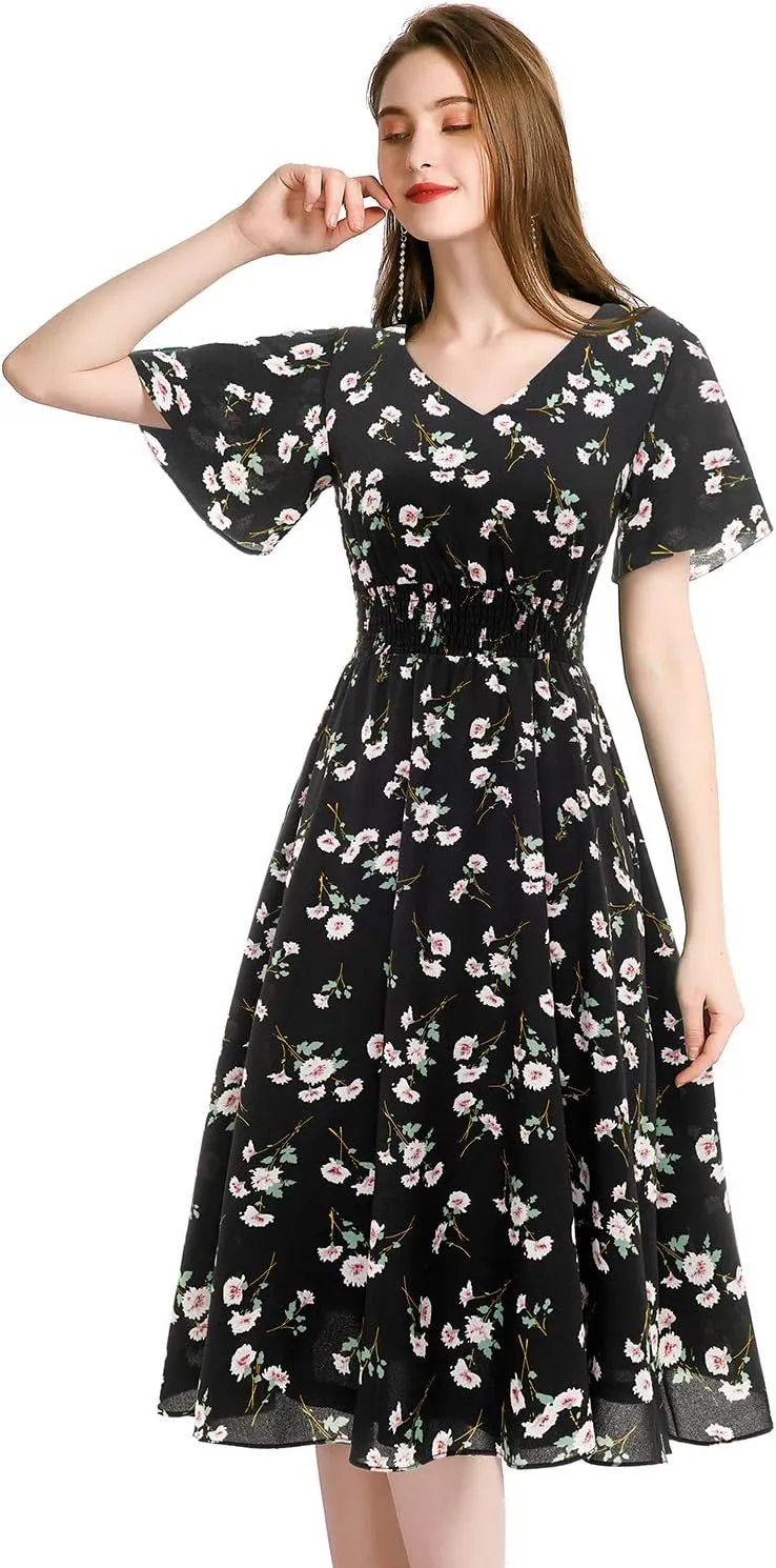 Gardenwed Chiffon Floral Dresses Summer Sun Beach Dresses for Women with Elastic Waist