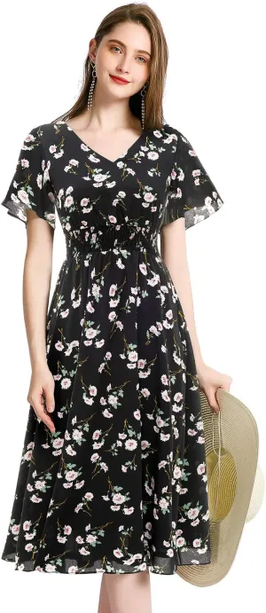 Gardenwed Chiffon Floral Dresses Summer Sun Beach Dresses for Women with Elastic Waist