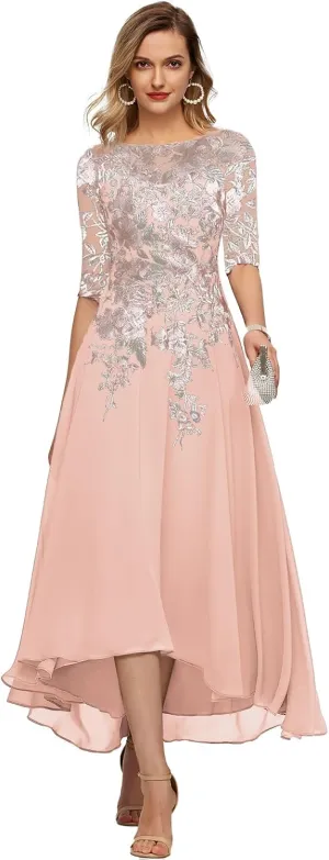 GARDOM Embroidery Midi Mother of The Bride Dresses for Wedding Tea Length Half Sleeve Lace Chiffon Formal Evening Gowns