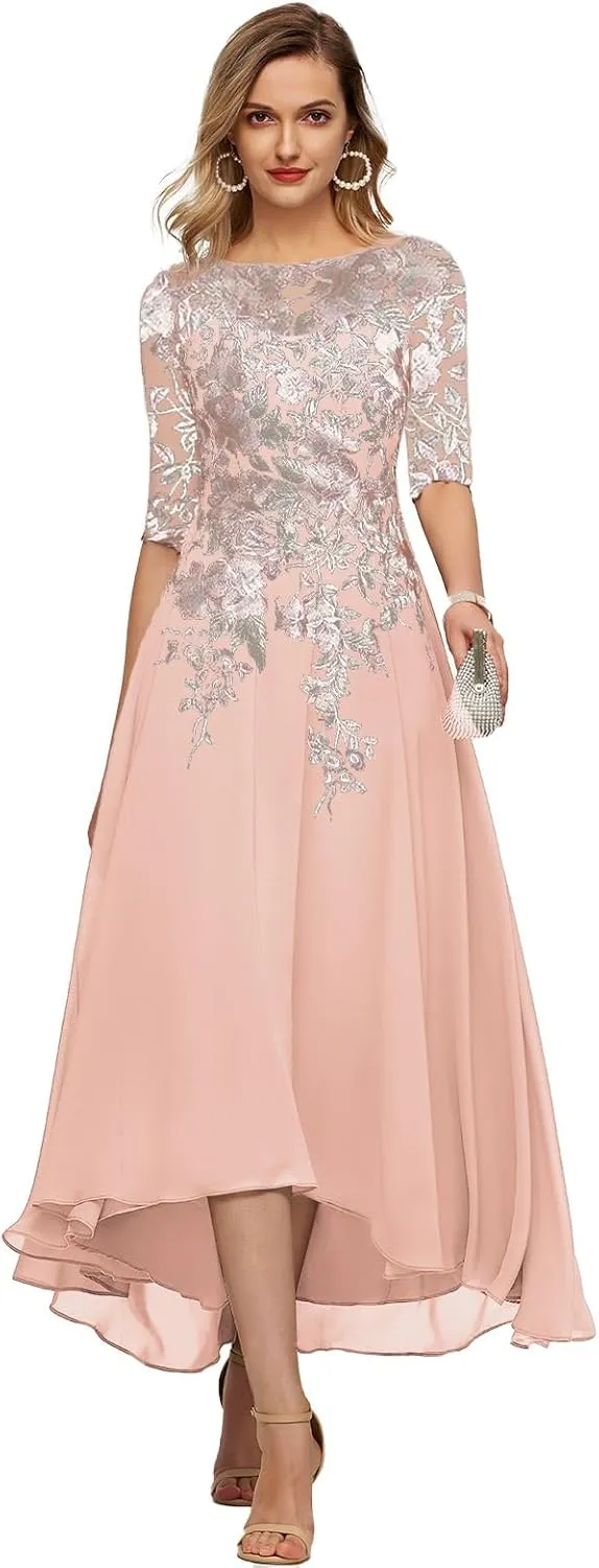 GARDOM Embroidery Midi Mother of The Bride Dresses for Wedding Tea Length Half Sleeve Lace Chiffon Formal Evening Gowns
