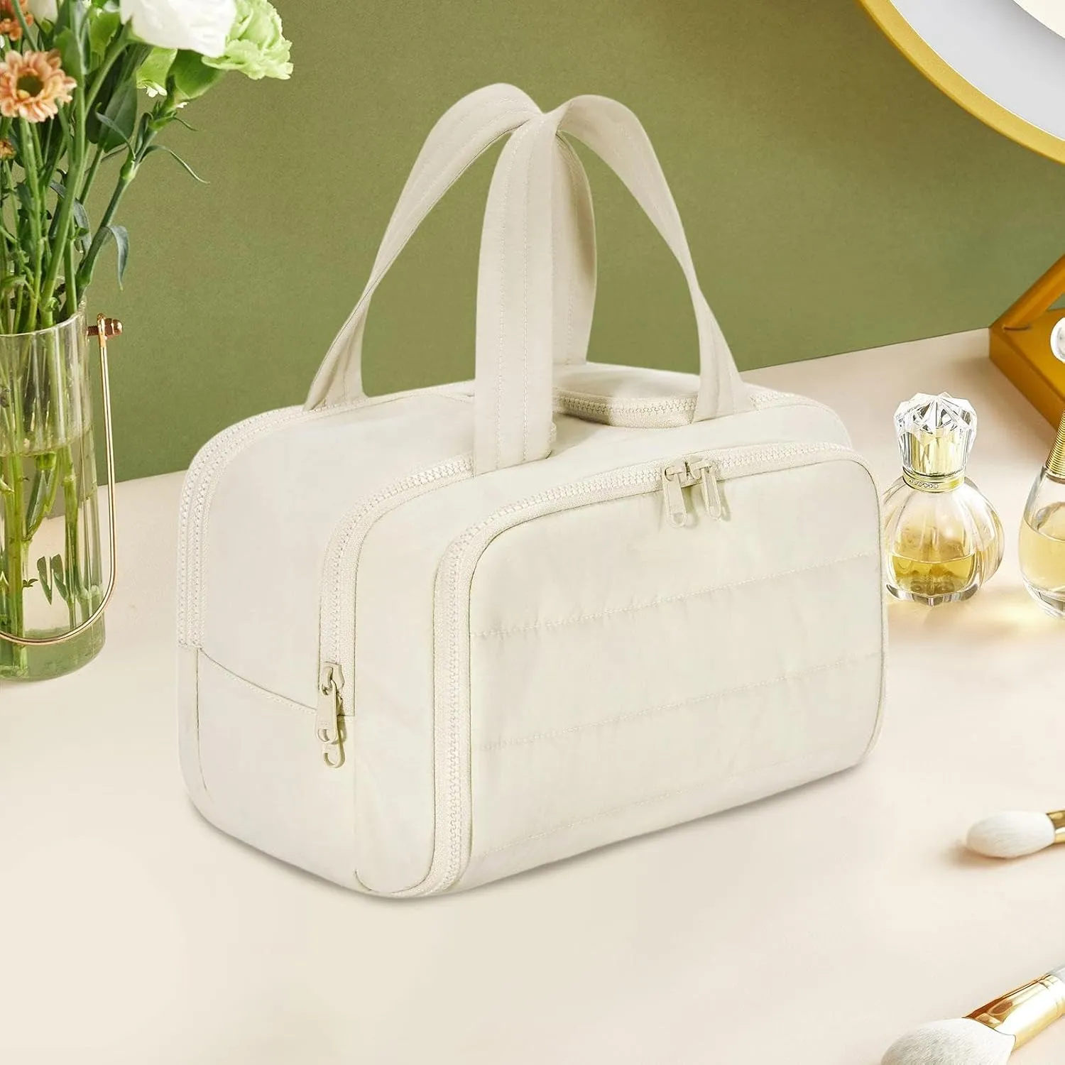 Generic Travel Toiletry Bag Zipper Makeup Bag for Eyebrow Pencil Lotion Lipstick Shampoo, Beige