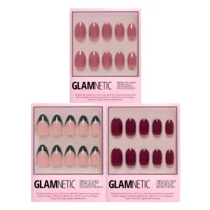 Glamnetic Press-On Nails Bundle - Château, Berry Maroon & Fall Mauve | Semi-Transparent Dark Green French Tip Almond False Nails | Dark Red Round Fake Nails | Muted Blush Mauve Short Oval