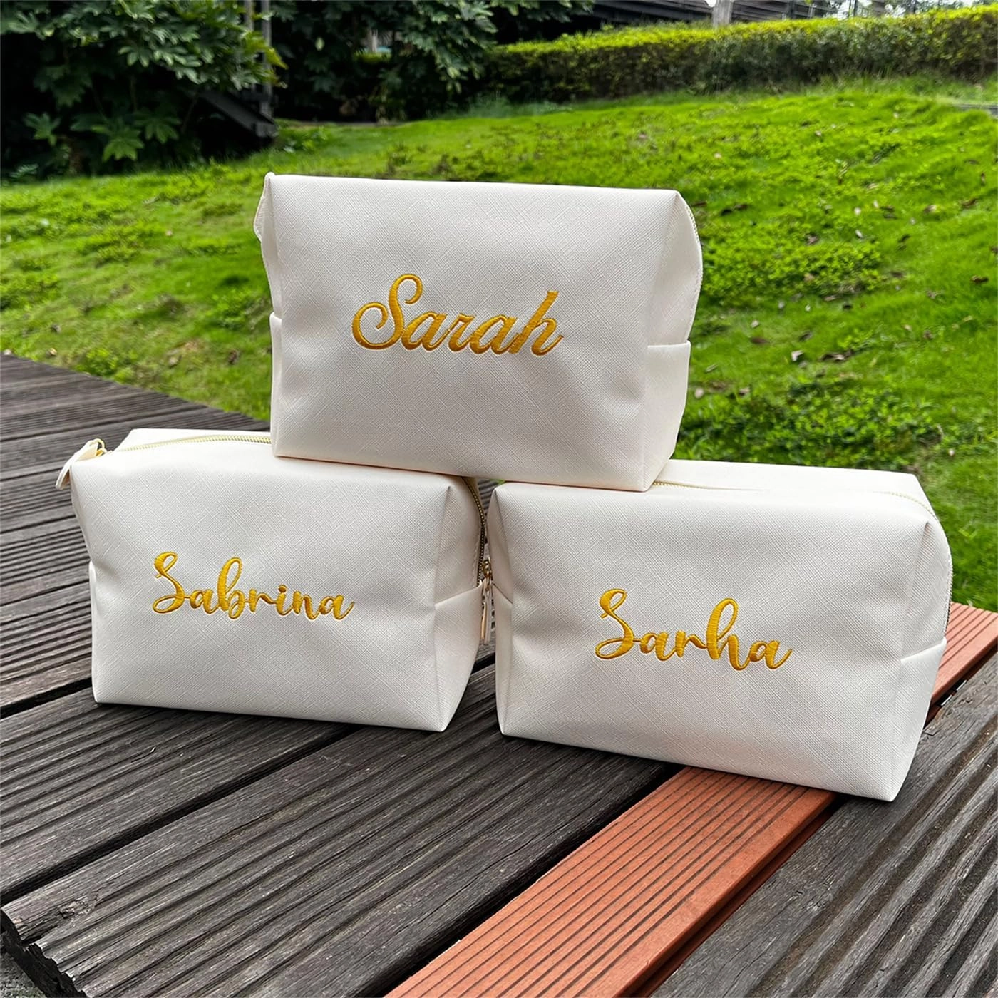 GOPHIE Embroidered Large Make up Bag,Personalized Skincare Bag,Cosmetic Travel Bags for Women Gift For Wedding,Set of 6, Beige