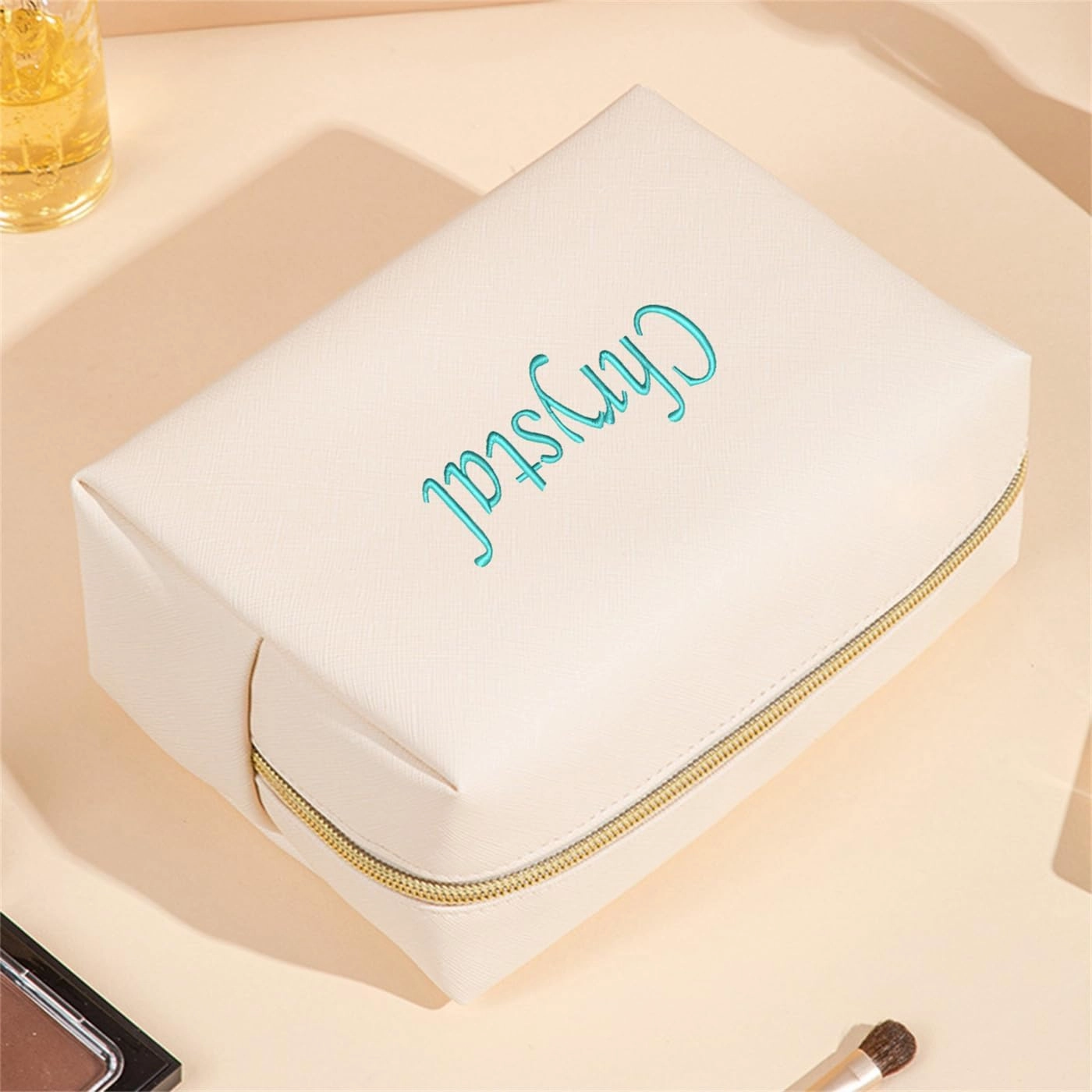 GOPHIE Embroidered Large Make up Bag,Personalized Skincare Bag,Cosmetic Travel Bags for Women Gift For Wedding,Set of 6, Beige