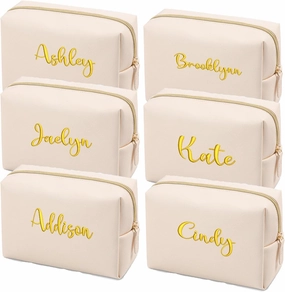 GOPHIE Embroidered Large Make up Bag,Personalized Skincare Bag,Cosmetic Travel Bags for Women Gift For Wedding,Set of 6, Beige