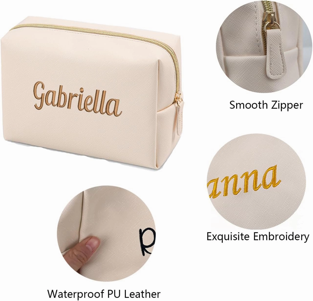GOPHIE Embroidered Large Make up Bag,Personalized Skincare Bag,Cosmetic Travel Bags for Women Gift For Wedding,Set of 6, Beige