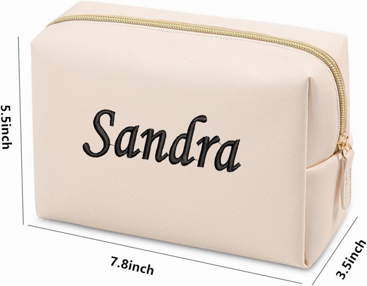 GOPHIE Embroidered Large Make up Bag,Personalized Skincare Bag,Cosmetic Travel Bags for Women Gift For Wedding,Set of 6, Beige