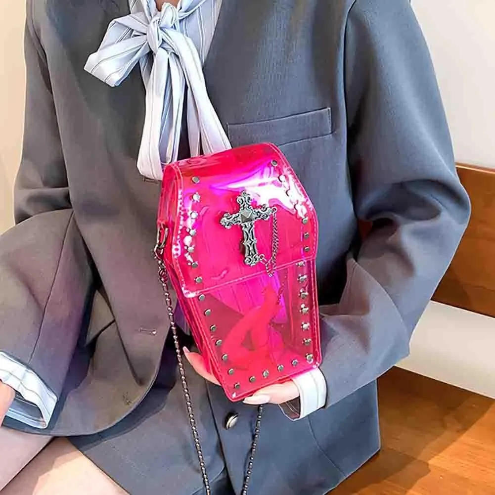 Gothic Rivet Coffin Shape Crossbody Bag, Women’s Studded Cross Transparent Shoulder Bag, Novelty Vintage Punk Phone Purse