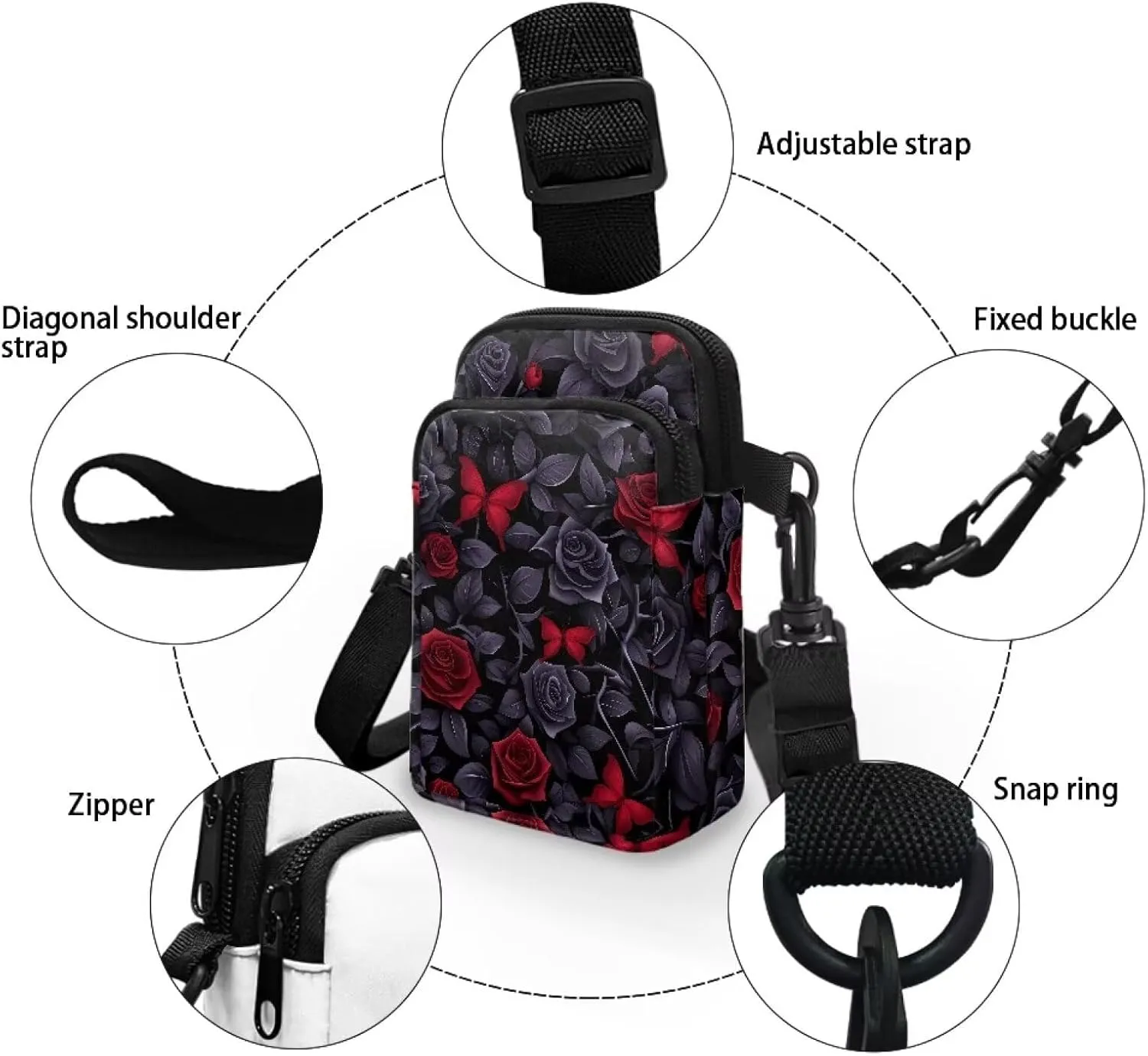 Gothic Small Crossbody Bag for Women Lightweight Cell Phone Purse, Bloody Rose Shoulder Wallet with Zipper Pocket