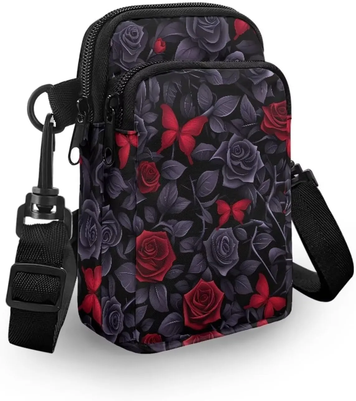Gothic Small Crossbody Bag for Women Lightweight Cell Phone Purse, Bloody Rose Shoulder Wallet with Zipper Pocket