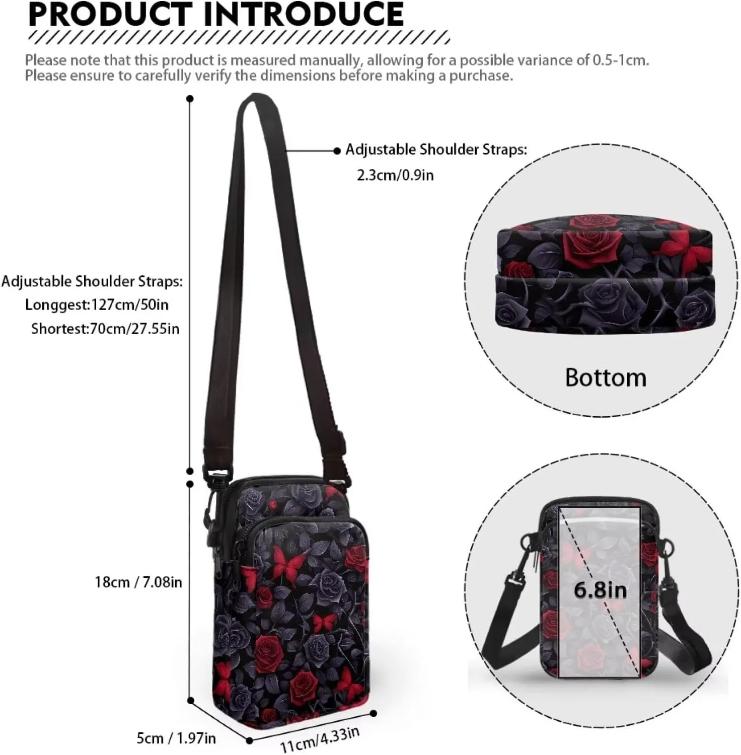Gothic Small Crossbody Bag for Women Lightweight Cell Phone Purse, Bloody Rose Shoulder Wallet with Zipper Pocket