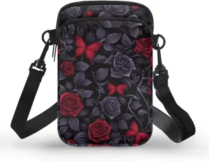 Gothic Small Crossbody Bag for Women Lightweight Cell Phone Purse, Bloody Rose Shoulder Wallet with Zipper Pocket