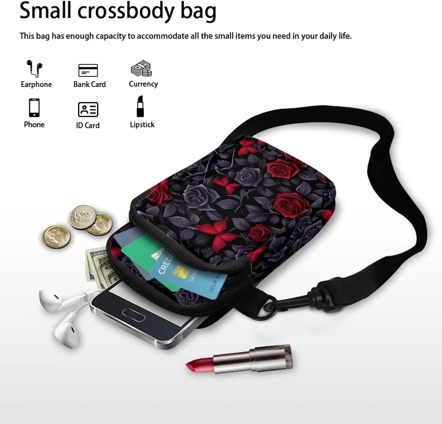 Gothic Small Crossbody Bag for Women Lightweight Cell Phone Purse, Bloody Rose Shoulder Wallet with Zipper Pocket