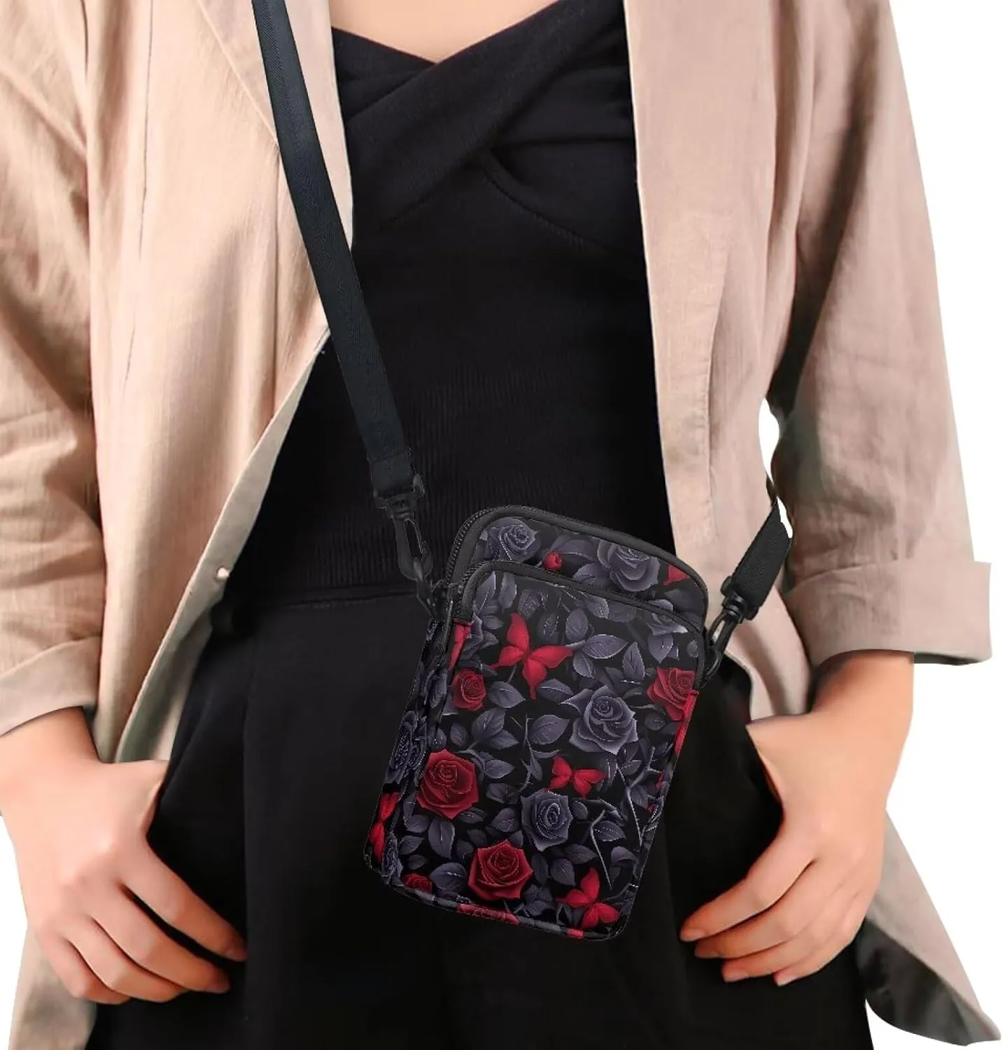 Gothic Small Crossbody Bag for Women Lightweight Cell Phone Purse, Bloody Rose Shoulder Wallet with Zipper Pocket