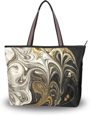 Handbag for Women Black Beige Gold Glitter Marble Foil Shoulder Bag Gym Tote Travel Shopping Satchel