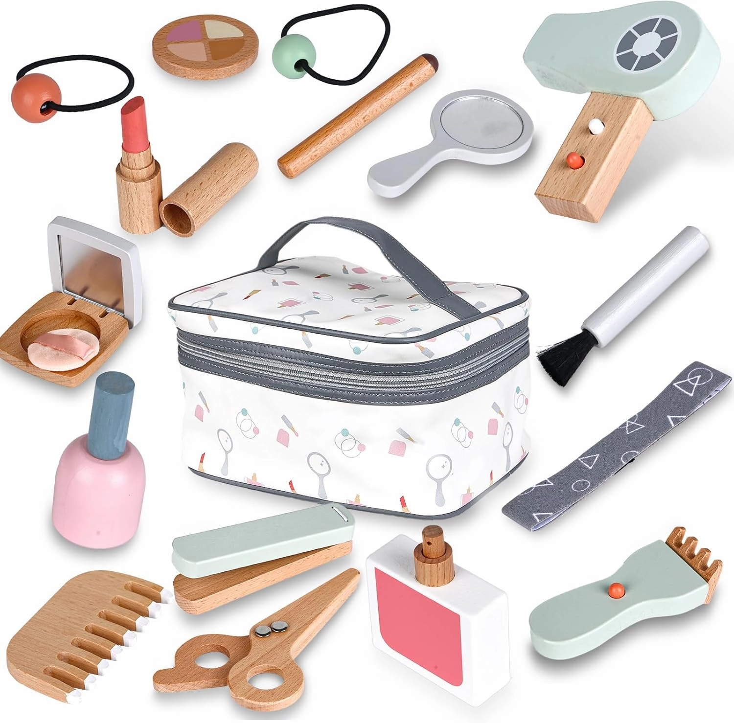 HEELWIRE Makeup Kit for Girl, Toddler Wooden Makeup Kit for Girls 16PC,Pretend Play for Toddlers Ages 3 ,Wooden Makeup Toy Set.