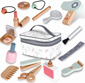HEELWIRE Makeup Kit for Girl, Toddler Wooden Makeup Kit for Girls 16PC,Pretend Play for Toddlers Ages 3 ,Wooden Makeup Toy Set.