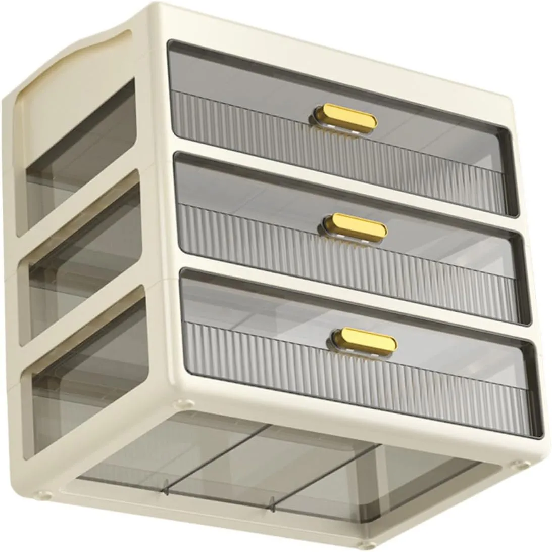 Hemoton Cosmetic Storage Box Three Makeup Organizer Countertop Multifunctional Makeup Drawers Make up Organizers for Vanity Bathroom Makeup Drawer Organizer Holders Lipstick Beige Plastic