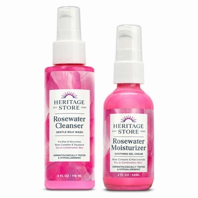 HERITAGE STORE Rosewater Cleanser and Facial Moisturizer - 2-Step Skin Care Bundle - Soothing Face Wash and Gel Moisturizer - Dry/Combination Skin - Hypoallergenic, Vegan, 60-Day Guarantee, 4oz, 2oz
