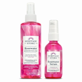 HERITAGE STORE Rosewater Face Mist and Rosewater Serum - Dewy Skin Bundle - Refreshing Facial Spray and Deep Hydration Face Serum w/Hyaluronic Acid - Hypoallergenic, Vegan, 60-Day Guarantee, 8oz, 2oz