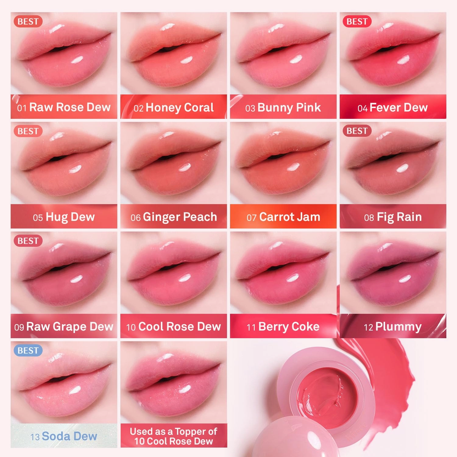 HINCE Raw Glow Dewy Ball - Tinted Lip Balm, Jelly Gloss Glow, Shine and Hydration, Lip & Blush Multiuse, Vegan, 0.12 oz. (13 colors) (HUG DEW)