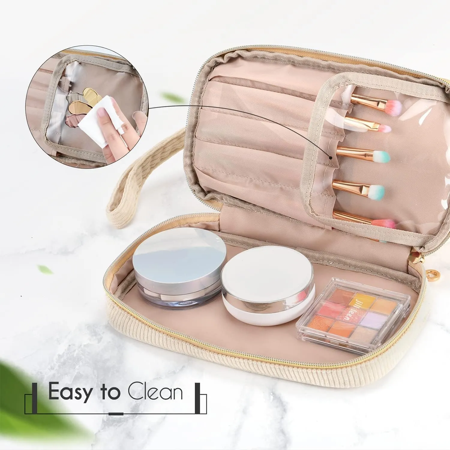 Initial Travel Makeup Bag for Women, Personalized Gift Large Double Layer Make Up Gift Cute Cosmetic Bag for Girl Makeup Pouch Wide-open Roomy Makeup Travel Bags Birthday Gifts for Her Beige - E