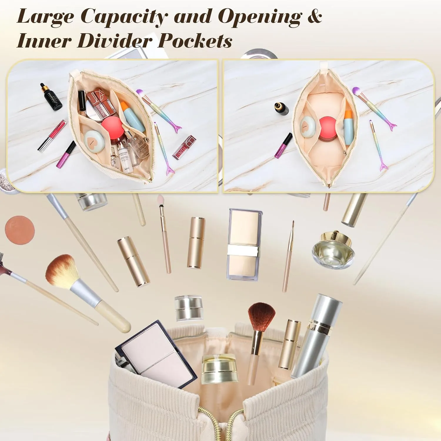 Initial Travel Makeup Bag for Women, Personalized Gift Large Double Layer Make Up Gift Cute Cosmetic Bag for Girl Makeup Pouch Wide-open Roomy Makeup Travel Bags Birthday Gifts for Her Beige - E