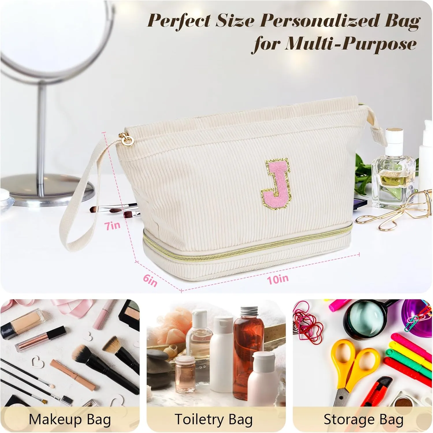 Initial Travel Makeup Bag for Women, Personalized Gift Large Double Layer Make Up Gift Cute Cosmetic Bag for Girl Makeup Pouch Wide-open Roomy Makeup Travel Bags Birthday Gifts for Her Beige - E