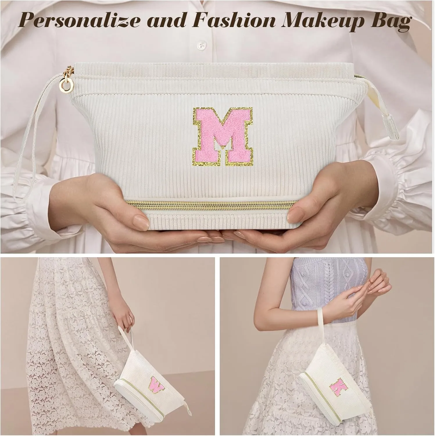 Initial Travel Makeup Bag for Women, Personalized Gift Large Double Layer Make Up Gift Cute Cosmetic Bag for Girl Makeup Pouch Wide-open Roomy Makeup Travel Bags Birthday Gifts for Her Beige - E