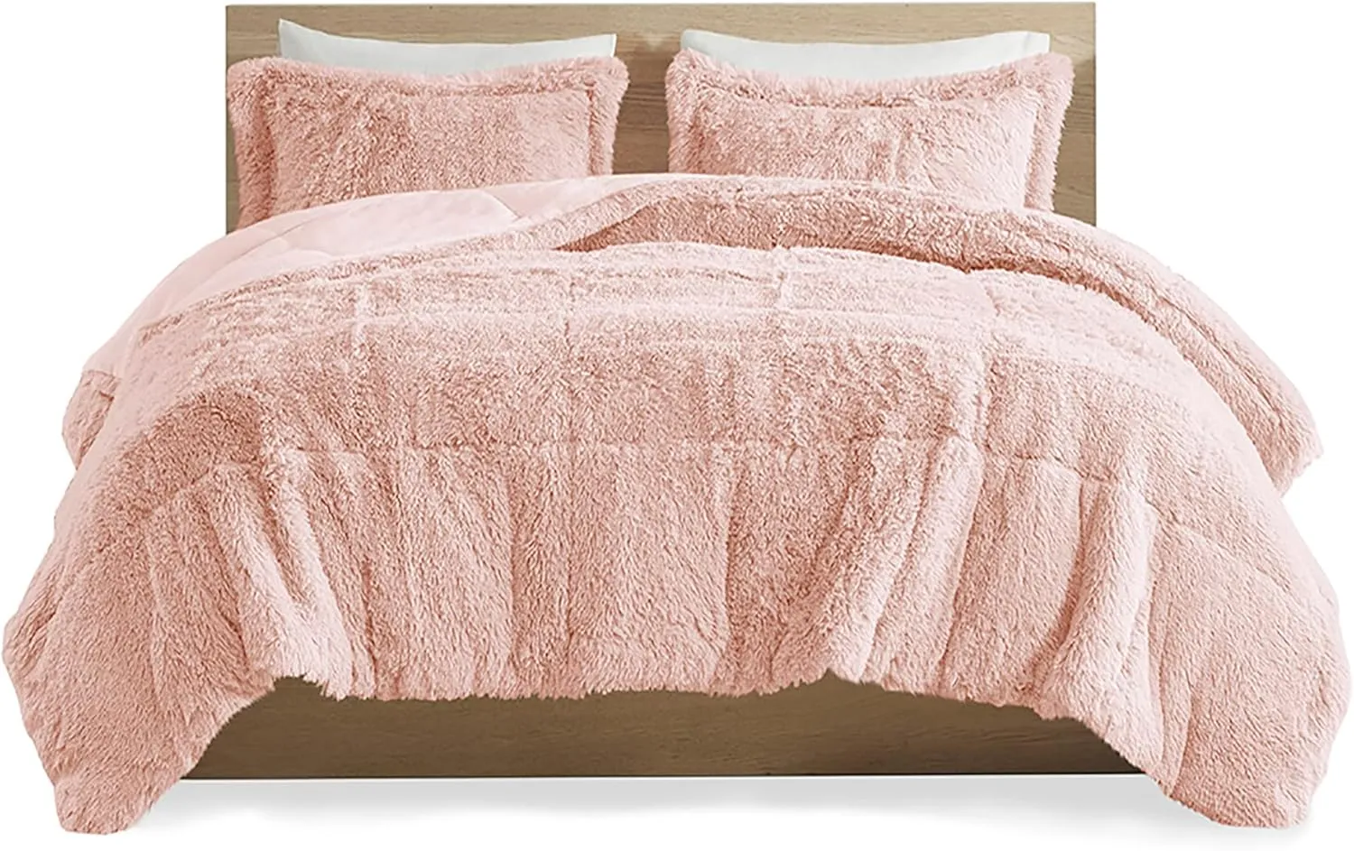 Intelligent Design Malea Shaggy Comforter Set, Long Faux Fur Cozy Down Alternative, Modern Casual Ultra Soft All Season Fluffy Bedding with Matching Sham, Full/Queen, Blush 3 Piece