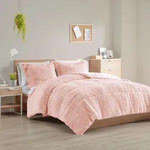 Intelligent Design Malea Shaggy Comforter Set, Long Faux Fur Cozy Down Alternative, Modern Casual Ultra Soft All Season Fluffy Bedding with Matching Sham, Full/Queen, Blush 3 Piece