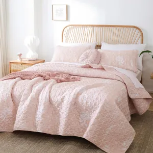 JANZAA Quilts Queen Size Blush Quilt Botanical with Floral Pattern Microfiber Bedspreads Queen Size 3 Pieces Lightweight Comforter Reversible Bedding Set with 2 Pillow Cases