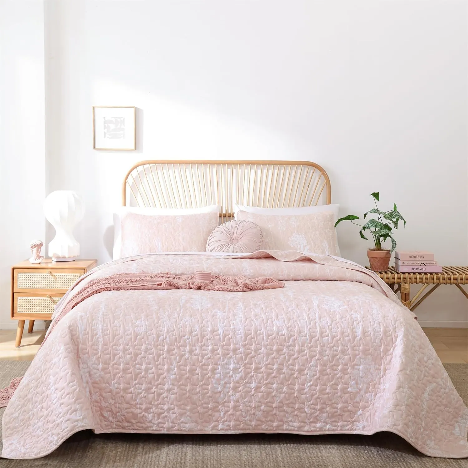 JANZAA Quilts Queen Size Blush Quilt Botanical with Floral Pattern Microfiber Bedspreads Queen Size 3 Pieces Lightweight Comforter Reversible Bedding Set with 2 Pillow Cases
