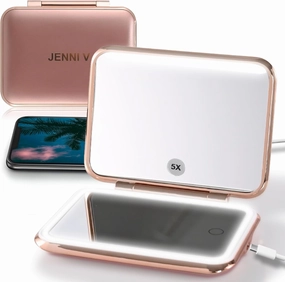 JENNI V LED Compact Mirror with Light, 5X Magnification and Power Bank Changer - Handheld Pocket Mirror - Rechargeable Travel Mirror with Light - Small Portable Makeup Mirror for Purse (Rose Gold)