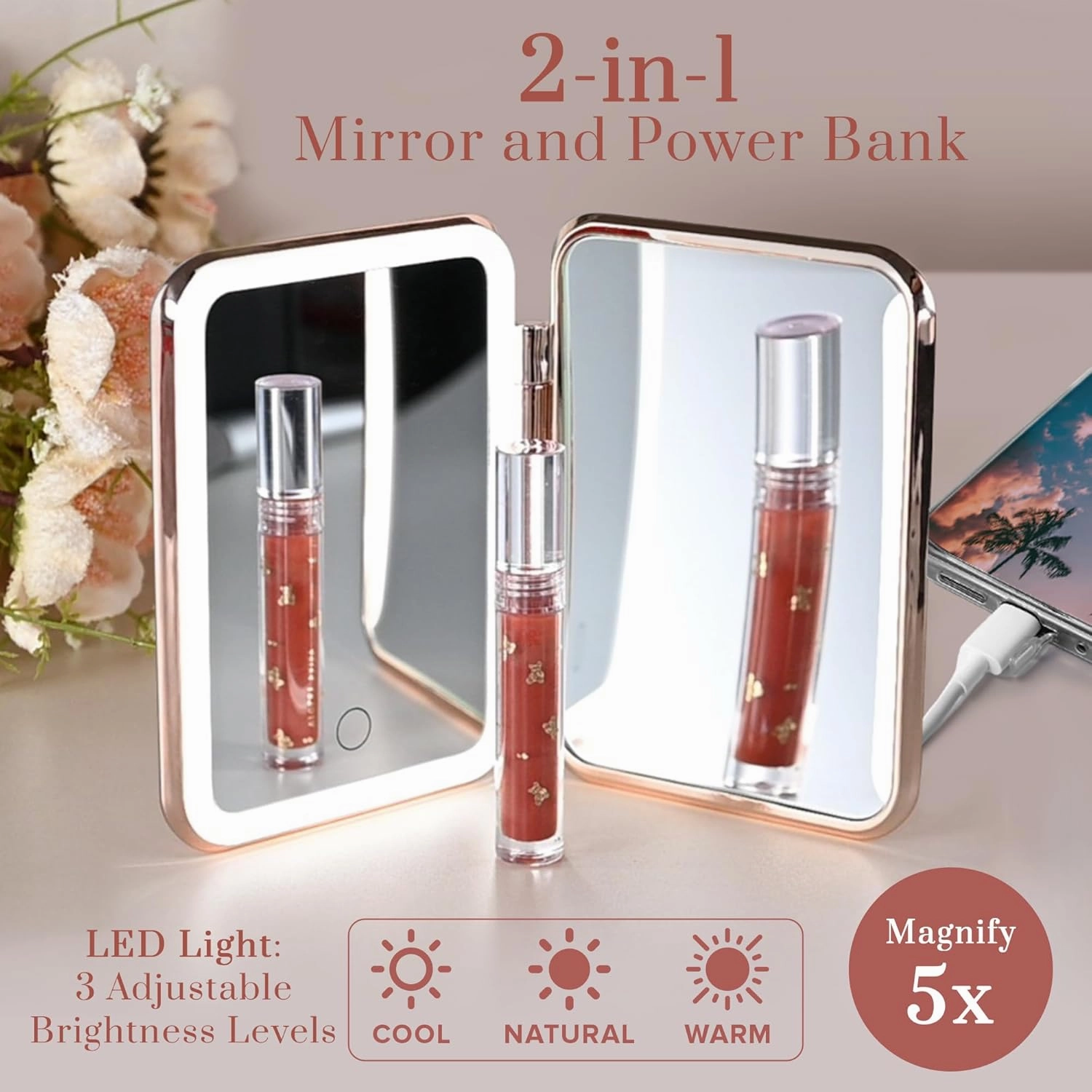 JENNI V LED Compact Mirror with Light, 5X Magnification and Power Bank Changer - Handheld Pocket Mirror - Rechargeable Travel Mirror with Light - Small Portable Makeup Mirror for Purse (Rose Gold)