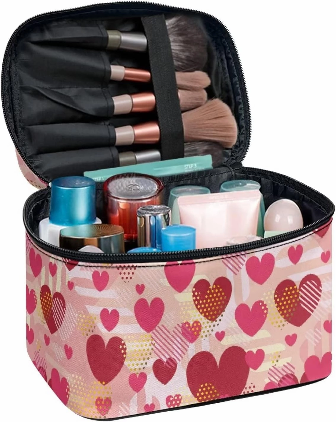 JEOCODY Cosmetic Bag Hearts Valentine Cosmetic Bag for Teen Girls Skull and Rose Print Portable Makeup Pouch Multifunction Toiletry Bag for Cosmetics Makeup Brushes Jewelry Accessories