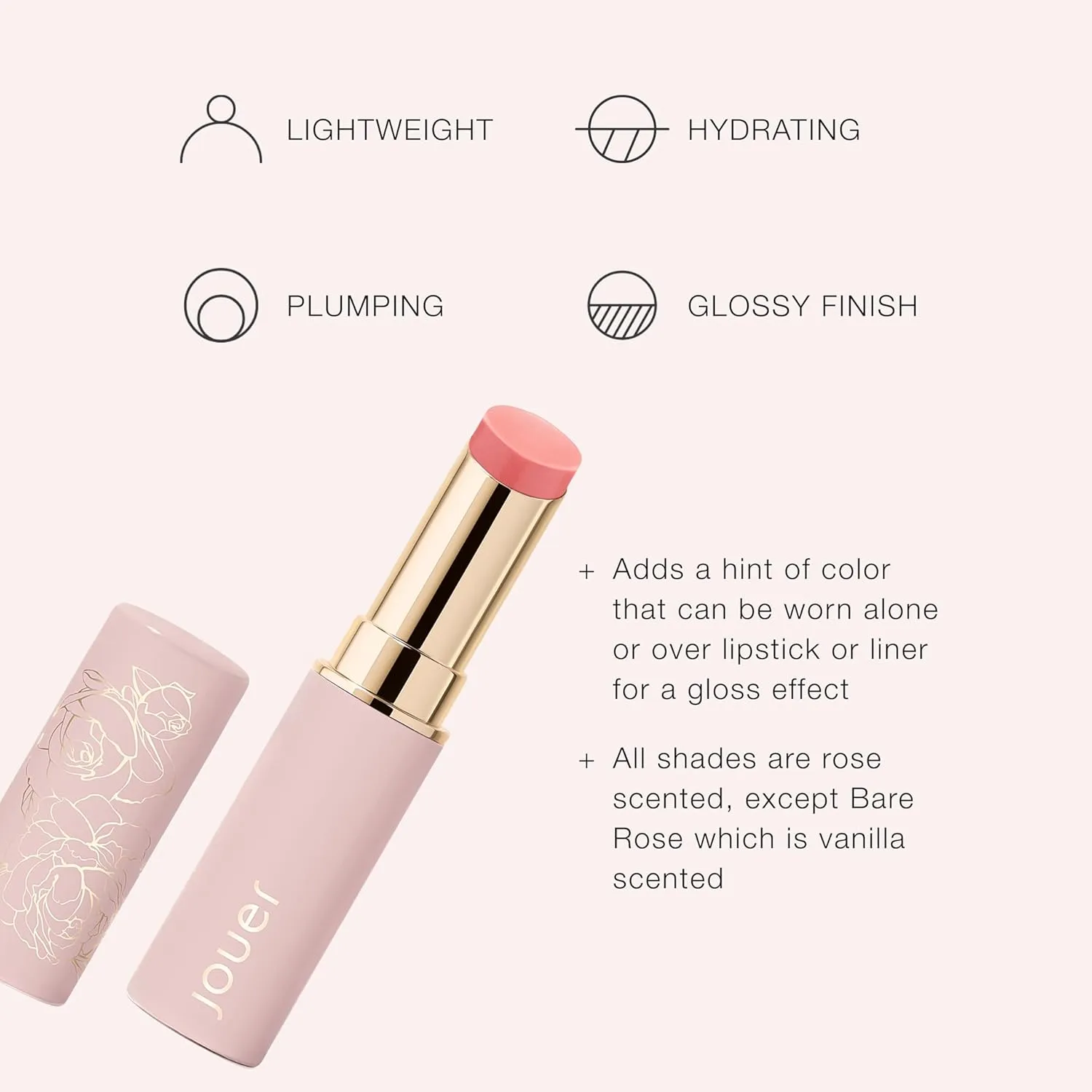 Jouer Essential Lip Enhancer Shine Balm - Enhancing Tinted Lip Balm - Moisturize, Plump, & Nourishing Lip Care - Jojoba Seed Oil and Maxi Lip Formula for Moisturizing and Fullness, Peony