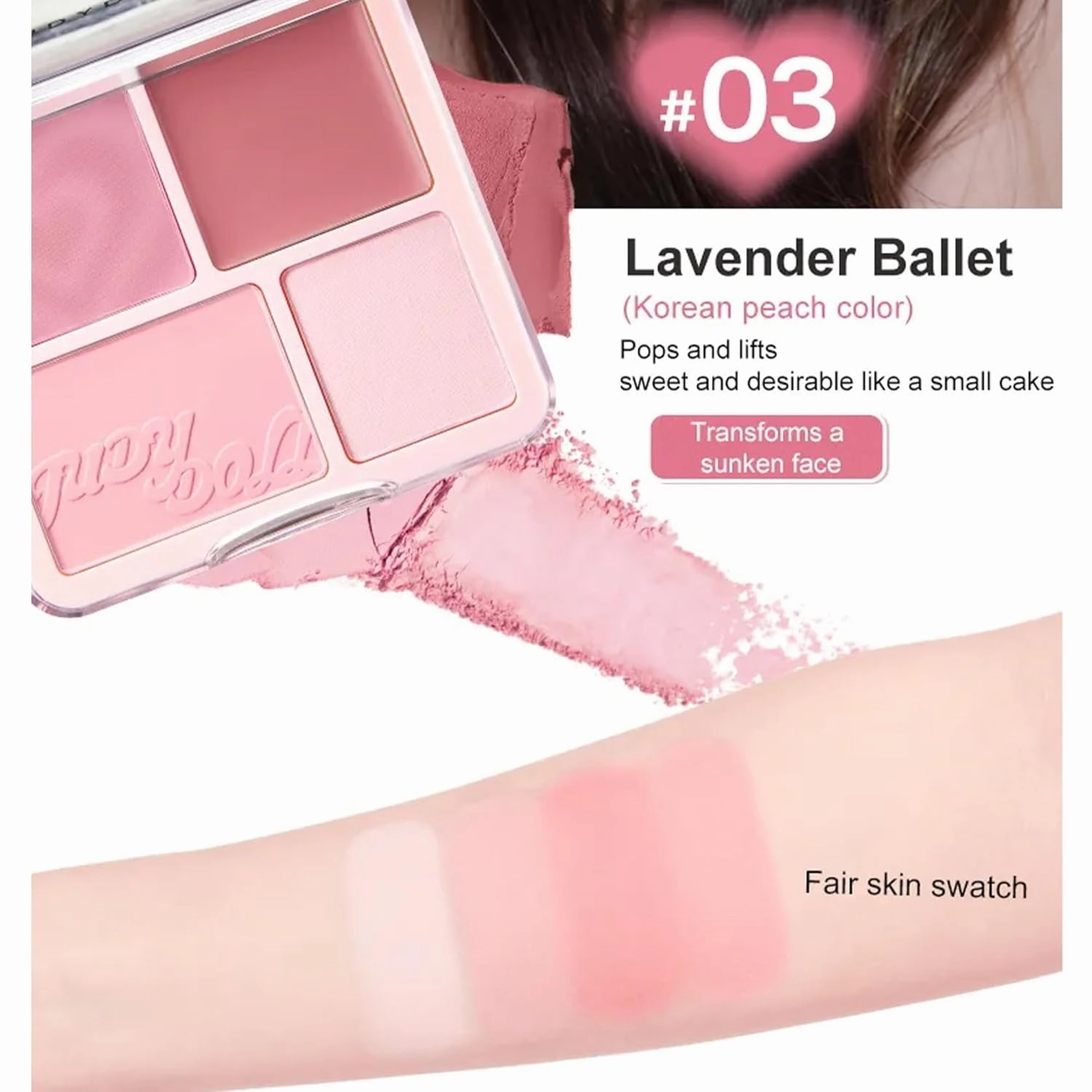 Judy 2 In 1 Blush & Highlight Palette, Non-greasy, Lasting Sparkling, Sculpt the Face Makeup (#03 Lavender Ballet, 9g)