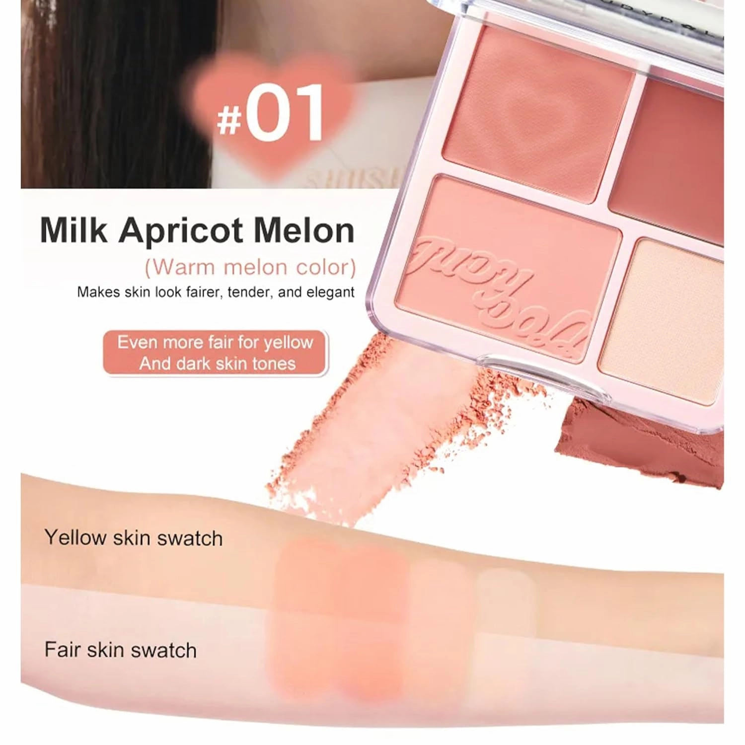 Judy Doll Blush Contour Palette, 2 In 1 Blush Highlight Palette, Blush and Highlighter Makeup, Non-greasy, Lasting Sparkling, Sculpt the Face Makeup (#01 Milk Apricot Melon, 9g)