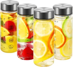 Juice Bottles with Caps - Wide Mouth Reusable Clear Plastic Water Bottles for Juicing,Smoothie,Protein,Beverage,Storage Containers, BPA Free,Leakproof Stainless Steel Lid (4 Pack)