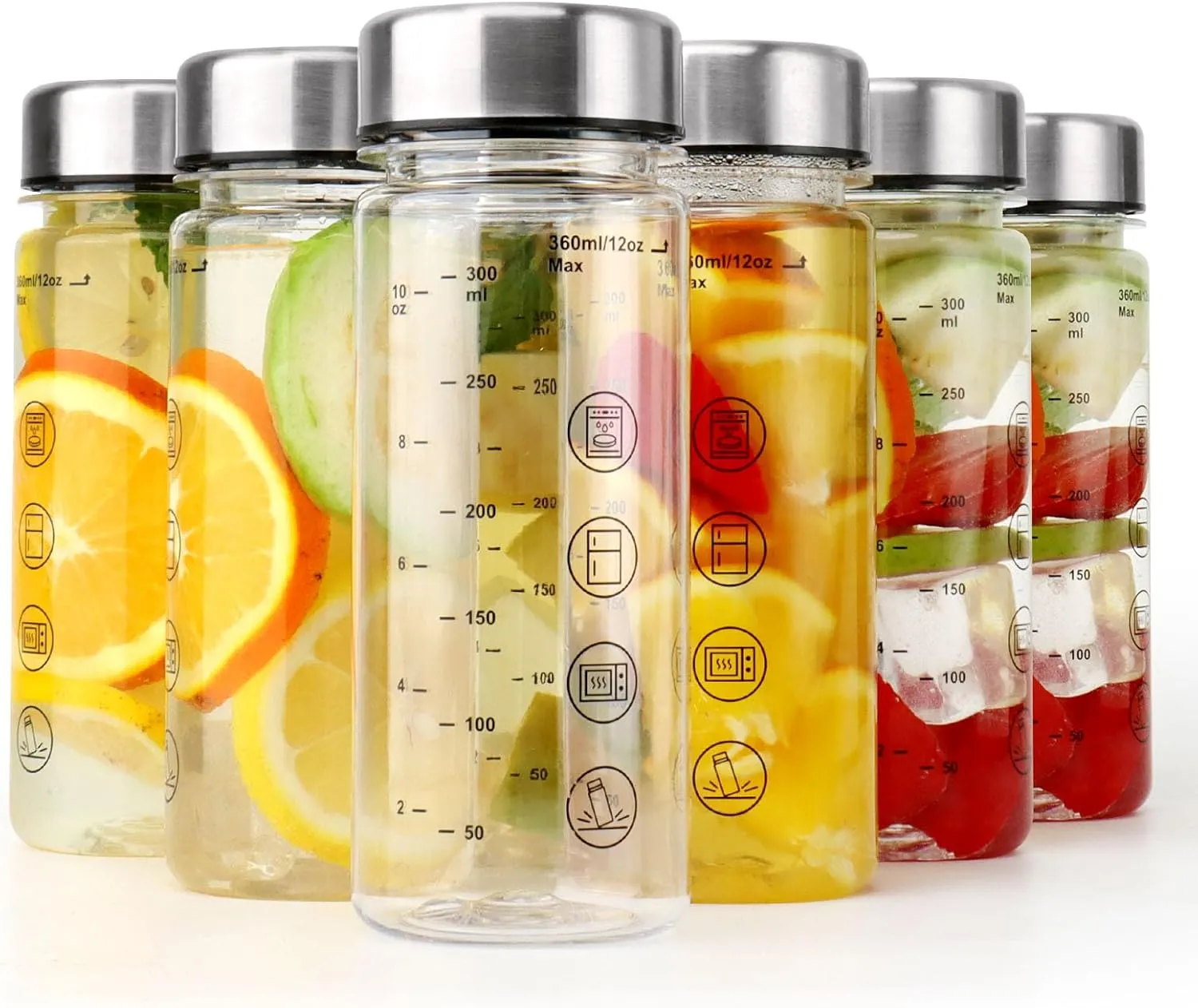 Juice Bottles with Caps - Wide Mouth Reusable Clear Plastic Water Bottles for Juicing,Smoothie,Protein,Beverage,Storage Containers, BPA Free,Leakproof Stainless Steel Lid (6 Pack)