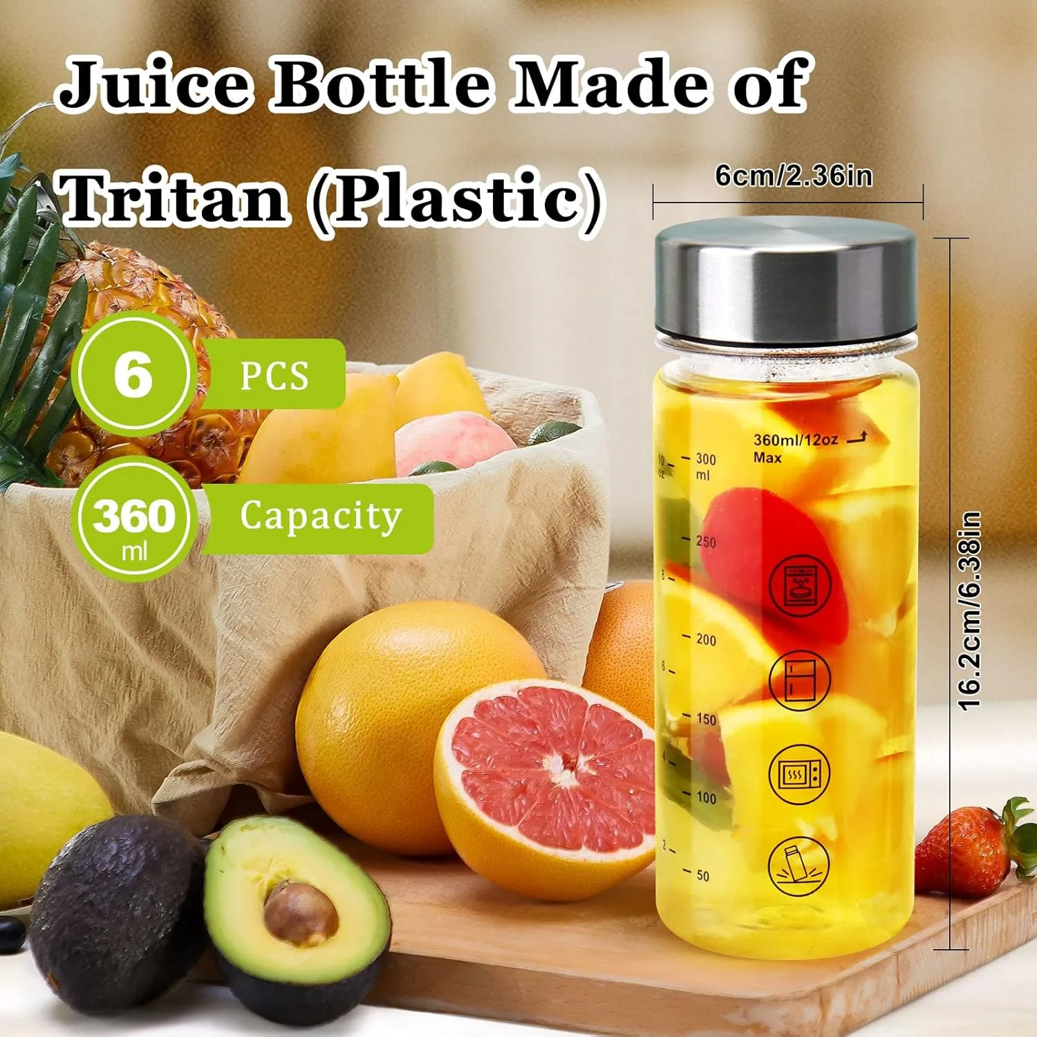 Juice Bottles with Caps - Wide Mouth Reusable Clear Plastic Water Bottles for Juicing,Smoothie,Protein,Beverage,Storage Containers, BPA Free,Leakproof Stainless Steel Lid (6 Pack)