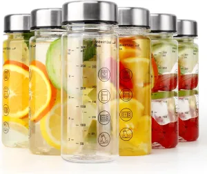 Juice Bottles with Caps - Wide Mouth Reusable Clear Plastic Water Bottles for Juicing,Smoothie,Protein,Beverage,Storage Containers, BPA Free,Leakproof Stainless Steel Lid (6 Pack)