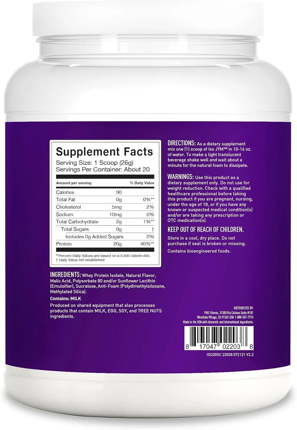 JYM Supplement Science Iso JYM Grape, 90 Calories, 100% Whey Protein Isolate, Zero Fat, Zero Sugars, Mixes Clear, for Women & Men, 20 Servings
