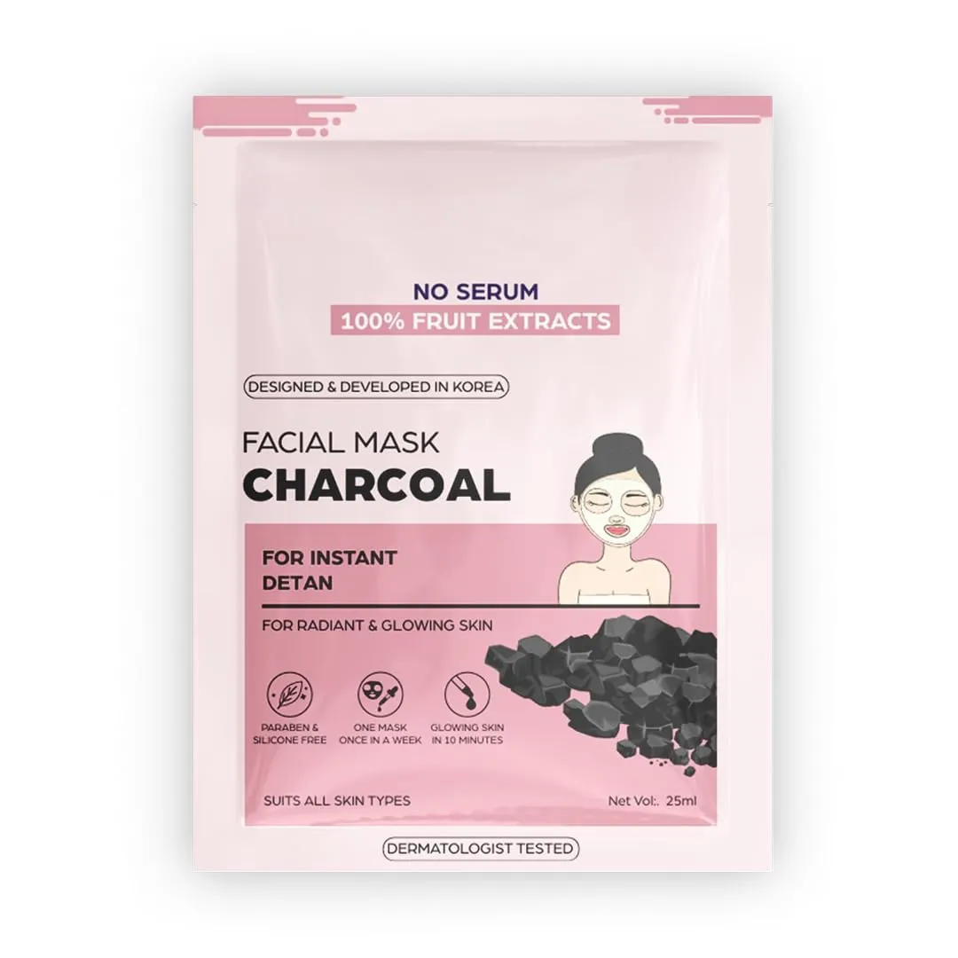 KH Instant Detan Charcoal Facial Mask | For radiant & glowin skin | 100% fruit extracts, Korean Mask | 1pc, 25gm